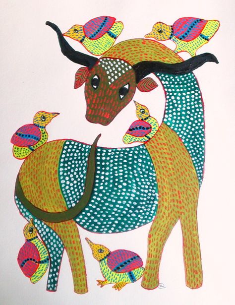 The Gonds are originally a forest dwelling tribe of Central India. Their brilliantly coloured paintings are found on walls and floors of their houses. Phad Painting, Gond Art, Gond Painting, Indian Painting, Contemporary Art Painting, Madhubani Art, Indian Folk Art, Madhubani Painting, Painting Workshop