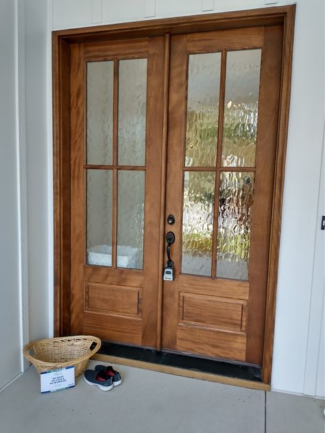 Two Panel Glass Front Door, Cedar Stained Front Door, Thermatru Front Door Driftwood, Wood French Front Doors, Raw Wood Front Door, Front Door Craftsman Style, Flemish Glass Front Door, Light Brown Front Door, French Door Entryway