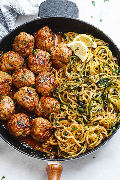 Garlic Butter Turkey Meatballs, Garlic Butter Meatballs, Garlic Butter Turkey, Lemon Zucchini Noodles, Butter Meatballs, Butter Turkey, Zucchini Noodle Recipes, Lemon Zucchini, Pork Meatballs