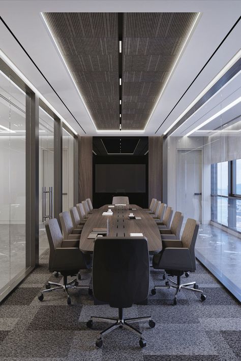 Modern meeting room interior design. 
This client’s board room features a custom acoustical, coffered, felt ceiling and breathtaking views. Conference Room Design, Design Ložnic, Meeting Room Design, Office Ceiling, Office Meeting Room, Office Meeting, Office Snapshots, Workplace Design, Salou