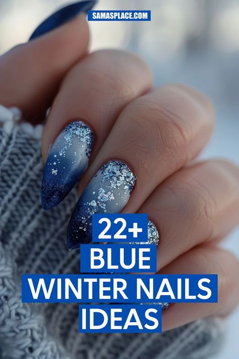 These almond nails feature a midnight blue base with snow-dusted glitter tips for a frosty effect. Perfect for embracing the winter spirit with elegance. Winter Sky Nails, Dark Blue Winter Nail Designs, Midnight Blue Almond Nails, Midnight Sky Nails, Dark Blue Christmas Nails, Dark Blue Winter Nails, French Tips Short Nails, Winter Sparkle Nails, Navy Blue Winter Nails