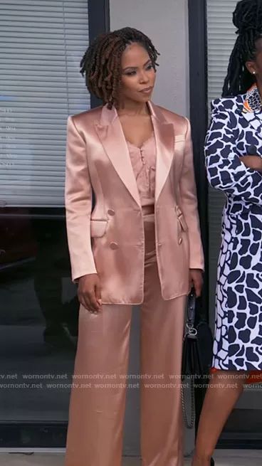 Sistas Tyler Perry Outfits, Pink Satin Suit, Novi Brown, Satin Trousers Outfit, Satin Suit Women, Kj Smith, Satin Suits, Silk Cami Top, Satin Suit