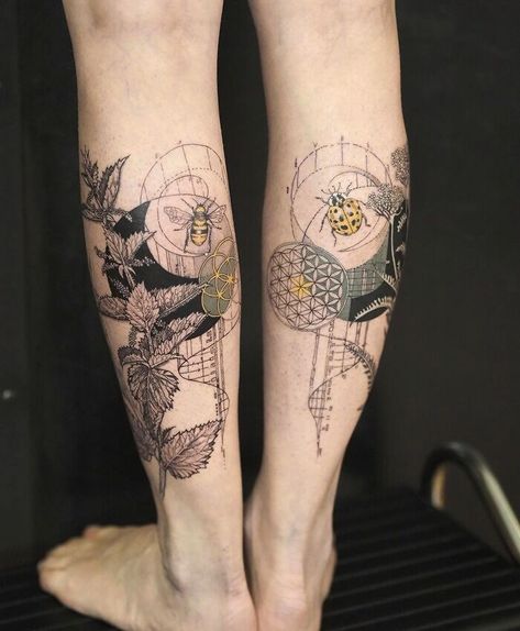 Nettle And Bee For The Left Calf, Yarrow And Ladybug For The Right Leg Tattoos Lower Calf, Botanical Calf Tattoo, Calf Tattoo Ideas Female, Nettle Tattoo, Tattoos Calf, Back Of Calf Tattoo, Calf Drawing, Coverup Ideas, Tattoo Calf