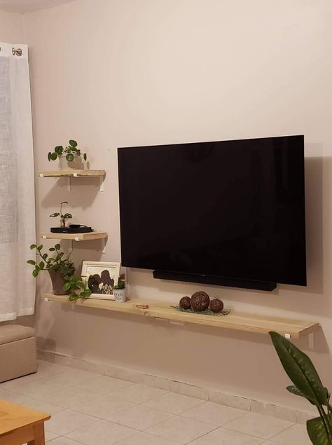 Shelf Under Tv On Wall, Shelf Under Tv, Tv Stand Decor Living Room, Tv Wall Shelves, Modern Apartment Living Room, Under Tv, Tv Unit Furniture Design, Shelf Decor Living Room, Tv Stand Decor