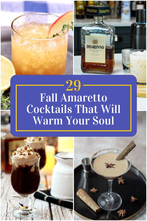 Collage of 4 fall amaretto cocktails. Fall Drinks With Amaretto, Hot Amaretto Drinks, Amaretto Mixed Drinks, Fall Amaretto Cocktails, Amaretto Margarita Recipe, Apple Cider And Amaretto, Amaretto Christmas Drinks, Amaretto Cocktails Recipes, Easy Amaretto Drinks