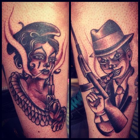 Bonnie and Clyde tattoos by Dawn Cooke Bonnie And Clyde Tattoo Couples, Bonnie Clyde Tattoos, Bonnie And Clyde Tattoo Ideas, Soulmate Tattoos, Bonnie And Clyde Tattoo, Couples Tattoo, Bonnie And Clyde, Couples Tattoo Designs, Wrist Tattoos For Guys