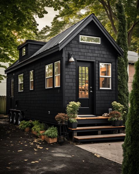 10 Striking Black Tiny Homes: The Pinnacle of Modern Minimalism - Living in A Tiny Rv Style, Black Houses, Planters Garden, Tiny House Exterior, Tiny House Luxury, Urban Cottage, Small Tiny House, Tiny House Interior Design, Gardening Design