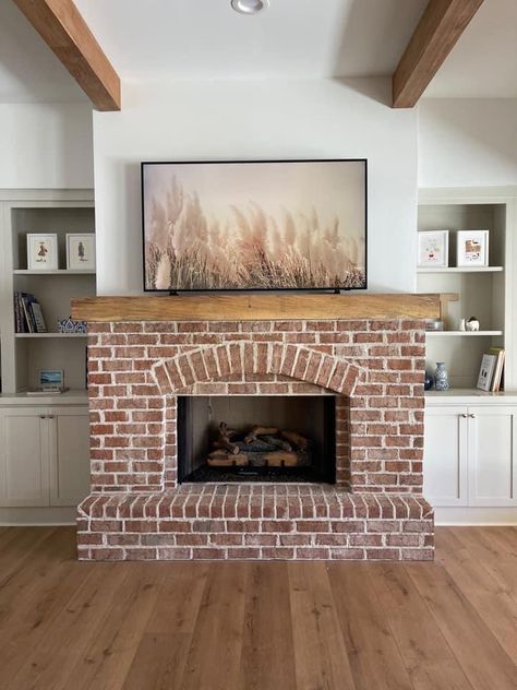 Fireplace Ideas Red Brick, Living Room Designs With Red Brick Fireplace, Half Wall Stone Fireplace, Brick With Shiplap Fireplace, Woodburning Fireplace Ideas, Faux River Rock Fireplace, Brick Electric Fireplace Ideas, Tv Above Brick Fireplace, Indoor Brick Fireplace