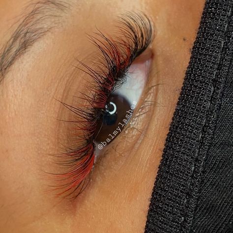 Red Colored hybrid wispy lash extentions Lash Extensions With Color Red, Red Eyelashes Extensions, Hybrid Lash Extensions Color, Red Lash Extensions Styles, Cat Eye Lash Extensions With Color, Red Lashes Extensions, Lash Extensions With Red, Hybrid Lash Extensions With Color, Red Eyelash Extensions