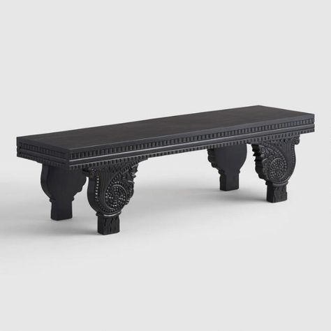 Black Carved Wood Low Bench | World Market Country Bench, Low Bench, How To Make Decorations, Bench Decor, Upholstered Ottoman, Wood Console, Entryway Furniture, Wood Bench, Hand Crafted Furniture