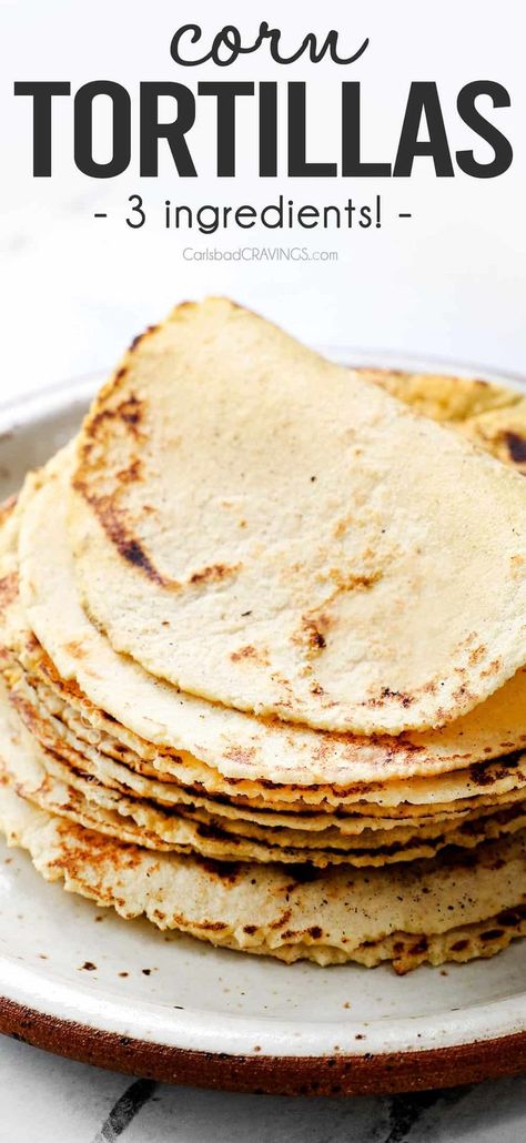 This homemade corn tortilla recipe is easy to make with just 3 ingredients for the most delicious, soft, warm, pliable tortillas.  Plus, they’re naturally gluten free! #tortillas #corntortillas #homemadetortillas #corntortillarecipe #homemadecorntortillas #masaharina #tacos #Mexicanrecipes #tortillapress #Mexicanrecipe #tacotuesday #dinner #dinnerrecipes #dinnerideas #recipes #easyrecipe #recipes #recipeoftheday #recipeideas #recipe Homemade Corn Tortillas Without A Press, Corn Tortilla Recipe, Soft Corn Tortillas, Making Corn Tortillas, Taco Ideas, Corn Tortilla Recipes, Homemade Corn Tortillas, Blackstone Grill, Carlsbad Cravings