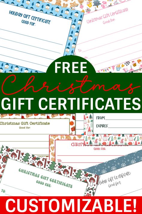 Download this set of 20 free Christmas gift certificates. They are perfect for gifts that haven't shown up or for experience gifts. They are customizable! 2 sizes available - full size and letter envelope size. Gift Certificate Template Printable Free Editable, Cricut Gift Certificate Template, Free Gift Certificate Template Printable Zazzle, Free Printable Christmas Gift Certificate Template, Free Printable Gift Certificates, Free Gift Certificate Template, Christmas Gift Certificate Template, Christmas Gift Certificate, Free Certificates