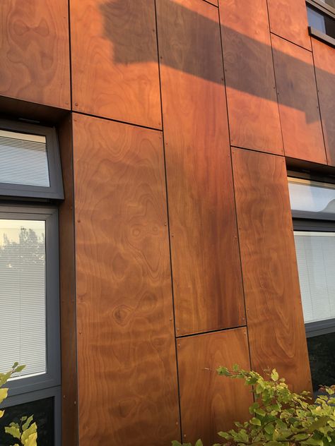 Hpl Exterior Cladding, Wood Tiles Design, Small Office Design Interior, Wooden Tiles, Small Office Design, Cladding Design, Exterior Wall Tiles, Steel Frame House, Wall Tiles Design