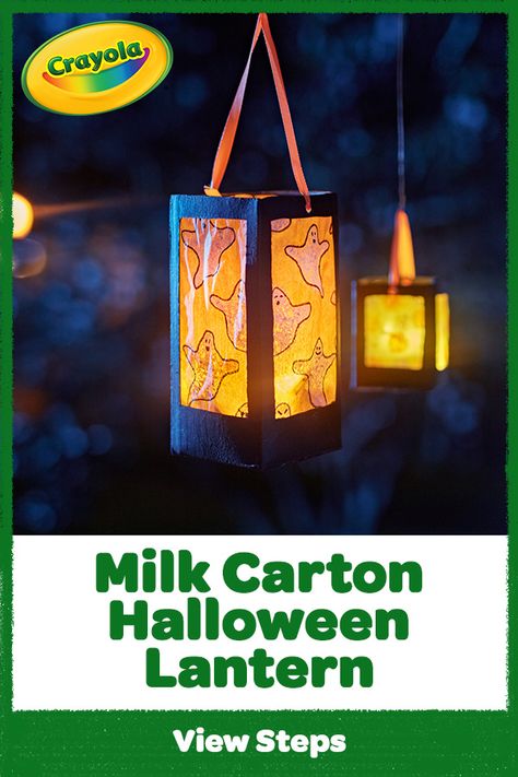 Halloween Diy Lanterns, Halloween Lantern Craft, Milk Jug Lanterns, Milk Carton Lanterns, Milk Carton Halloween Crafts, Milk Carton Ghosts, Halloween Lanterns Diy Kids, Milk Carton Haunted House, Diy Halloween Paper Lanterns