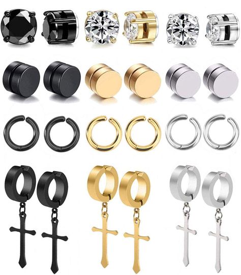 PRICES MAY VARY. AFFORTABLE MENS EARRING--One Order Includes 12 Pairs Earrings, 3 Pairs Round CZ Stud Earrings, 3 Pairs Round Stud Earrings, 3 Pairs Dangle Earrings, 3 Pairs Hoop Earrings. Respectively In Silver, Gold and Black Tone. Economical Jewelry Set For You. Bring You Different Changes Every Day. The user is over 14 years old. To prevent accidental ingestion by children, please keep it out of the reach of children HEALTHY MATERIAL--These Men Earrings Are Made of High Quality 316L Stainles Magnetic Earrings For Men, Fake Earrings, Jewelry Organizer Storage, Magnetic Earrings, Studs Men, Earrings For Men, Titanium Earrings, Face Earrings, Stud Set