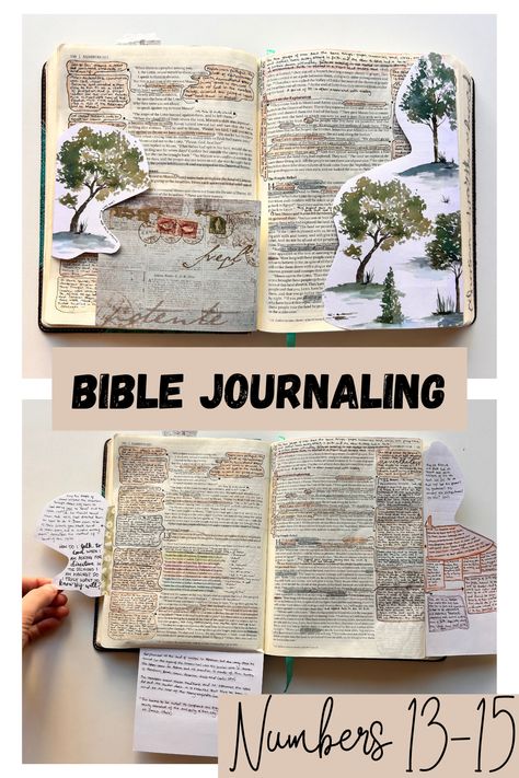 Numbers 13 Christian Scrapbooking Ideas, Adding Pages To Bible, Bible Junk Journal, Bible Scrapbooking Ideas, Scripture Journaling Ideas, Numbers Bible Journaling, Christian Scrapbooking, Bible Decorations Ideas, Cute Bible Notes