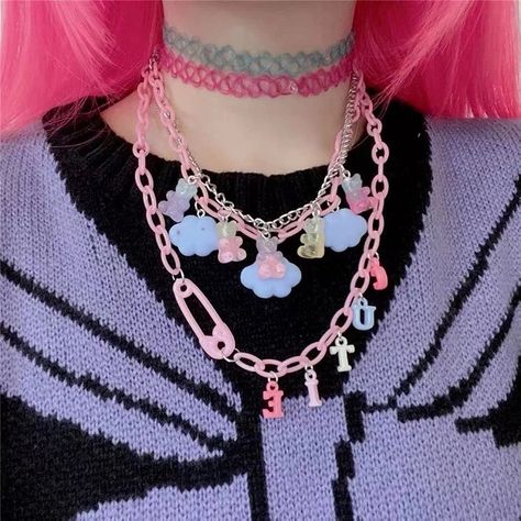 Material: Acrylic  Metals Type: Tin Alloy  Style: Vintage  Shapepattern: Animal Kawaii Necklace, Vintage Choker Necklace, Layered Chain Necklace, Vintage Choker, Kawaii Jewelry, Kawaii Accessories, Bear Necklace, Fashion Aesthetics, Layered Chains