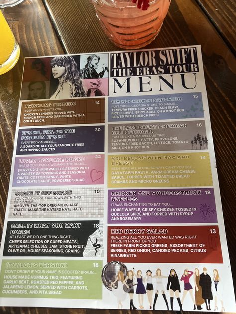 Taylor Swift Food Ideas Puns, Taylor Swift Menu Ideas, Taylor Swift Themed Drinks, Taylor Swift Food Puns, Taylor Swift Birthday Party Ideas Decoration, Everybody Wants You, Taylor Swift Birthday Party Ideas, 30th Party, Taylor Swift Party