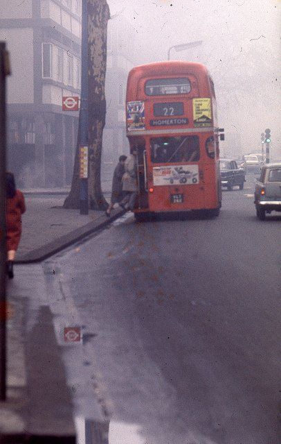 Misty morning on King's Road - 1969 1960s Britain, 1960s London, Historical London, London Buses, Foggy Weather, Swinging London, Decker Bus, Carnaby Street, London History