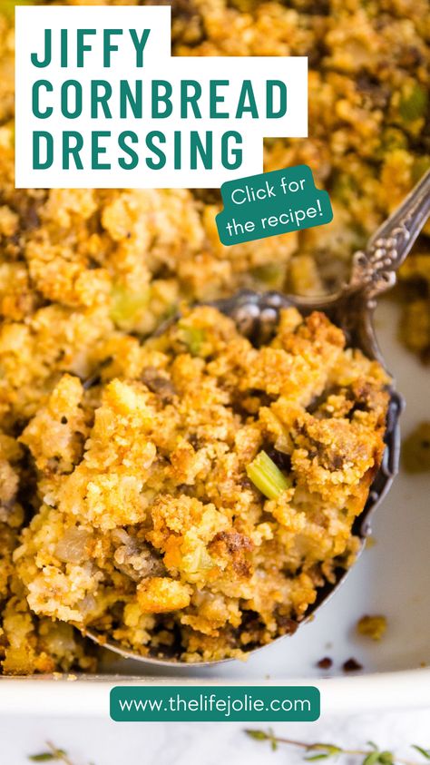 Whether you call it dressing or stuffing, classic Jiffy Cornbread Dressing recipe is a surefire way to turn a non-believer into a stuffing lover. This easy side dish is a must-have at any Thanksgiving table! Squash Dressing With Jiffy Cornbread, Jiffy Cornbread Dressing, Easy Skillet Cornbread, Dressing Stuffing, Easy Dressing Recipe, Homemade Stuffing Recipes, Southern Cornbread Dressing, Cornbread Dressing Recipe, Cornbread Dressing Southern