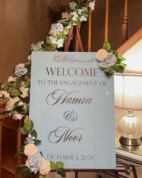 welcoming new beginnings & memories that last a lifetime ✨ celebrating the engagement of Hamza & Noor with this elegant welcome sign! Photo & Flowers added by client #weddingsignage #nikkah #customweddingdecor #dmvweddings #welcomesign Name Board For Engagement Entrance, Welcome Board Engagement Entrance, Nikah Welcome Sign, Nikkah Welcome Board, Nikkah Entrance Sign, Wedding Welcome Sign Islamic, Custom Wedding Decor, Wedding Signage, New Beginnings