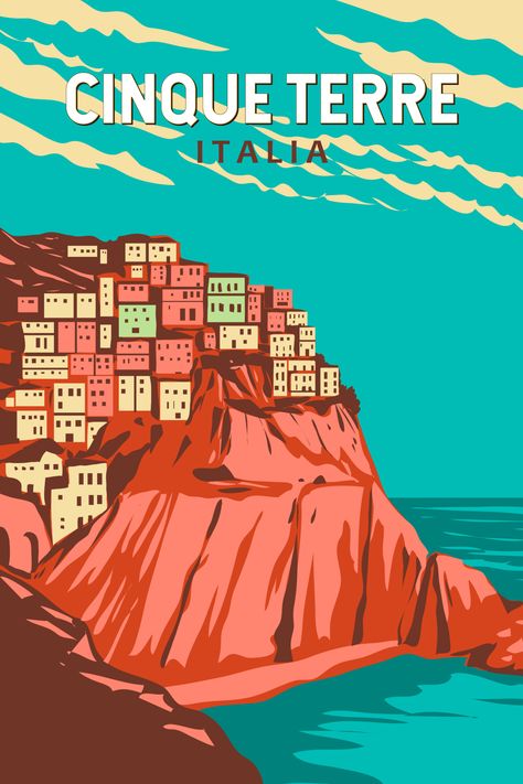 Retro art poster of Cinque Terre in Italy showcasing coastal charm and vibrant villages. Italy Illustration, Italy Poster, Cinque Terre Italy, Long John, Italian Culture, Coastal Charm, Travel Website, Drawing Board, Authentic Italian