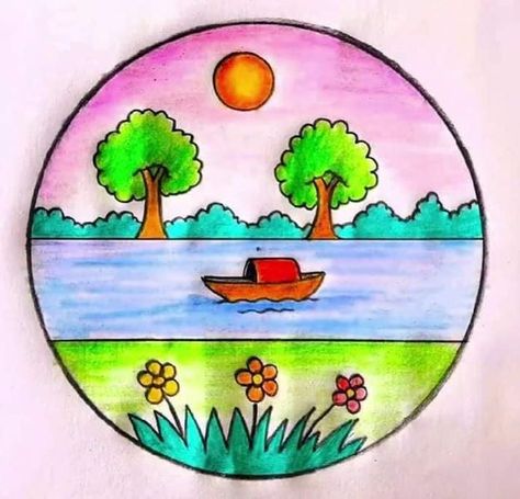 Easy Scenery Drawing For Kids, Simple Scenery Drawing, Simple Scenery, Scenery Drawing For Kids, Easy Scenery, Easy Scenery Drawing, Flower Pattern Drawing, Scenery Drawing, Drawing Step By Step