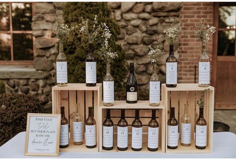 Winery Seating Chart, Bottle Table Plan, Bottle Seating Chart Wedding, Winery Wedding Decorations Centerpieces, Seating Chart Ideas For Small Wedding, Wine Seating Chart Wedding, Wine Bottle Table Plan, Wine Bottle Table Seating Chart, Wedding Wine Station