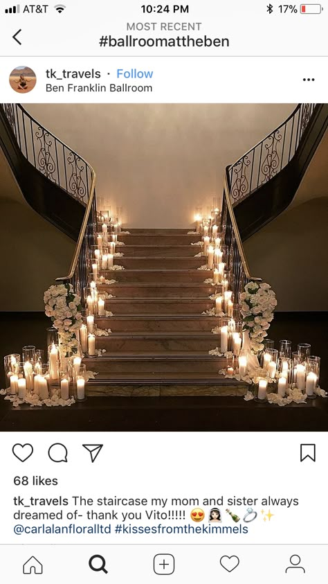 Asile Wedding Ideas Indoor, Ballroom At The Ben Wedding, Candle Stairs, Wedding Staircase Decoration, Holland Aesthetic, Chandelier Wedding Decor, Wedding Stairs, Wedding Reception Candles, Staircase Decoration