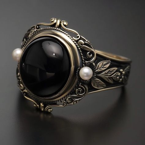 Jewelry Ring Design, Ring Jewellery Design, Black Onyx Ring, Onyx Ring, Dark Background, Jewelry Ring, Floral Designs, Black Onyx, Large Black