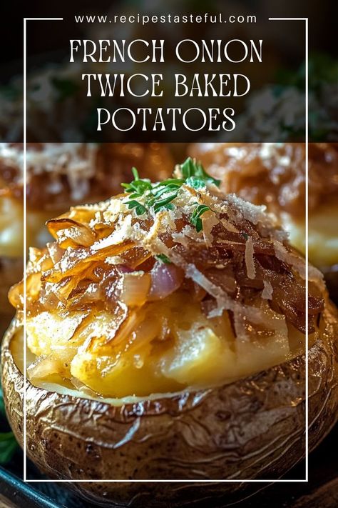 These French Onion Twice Baked Potatoes are a comforting and indulgent side dish featuring creamy potato filling mixed with caramelized onions and Gruyère cheese, all baked to golden perfection. Casseroles With Vegetables, Baked Potato Fillings, Potato Filling, Baked Onions, Potato Side Dish, Potatoes And Carrots, Potato Bake, Cheese All, Baked Fries