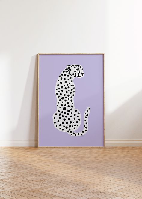 Cheetah Art, Leopard Wall Art, Leopard Wall, Tiger Illustration, Purple Wall Art, Jungle Art, Purple Walls, White Leopard, Aesthetic Colors