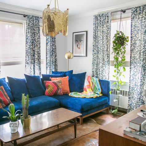 Get the Look: A Happy Home in Westport, CT | Apartment Therapy Pop Of Color Room, Color Room Ideas, Townhouse Decorating, Boho Mid Century Modern, Color Room, Mid Century Modern Boho, Salvaged Furniture, Boho Mid Century, Blue Kitchen Cabinets