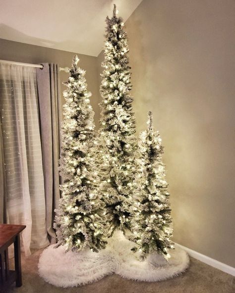 Set Of Christmas Trees, Christmas Tree In Middle Of Room, Three Christmas Trees Together Ideas, 3 Christmas Trees Together, Multiple Christmas Trees Together, Two Christmas Trees In Living Room, Pencil Christmas Tree Decorated Ideas, Pencil Tree Decorating Ideas Christmas, Pencil Tree Decorating Ideas