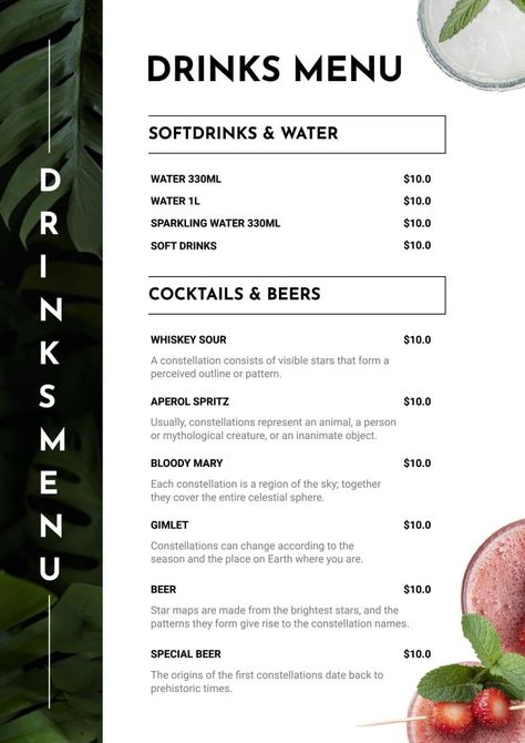 Restaurant Plants, Drink Menu Template, Drink Menu Design, Menu Design Inspiration, Restaurant Drinks, Restaurant Menu Design, Cocktail Menu, Phone Wallpaper Patterns, Bar Menu