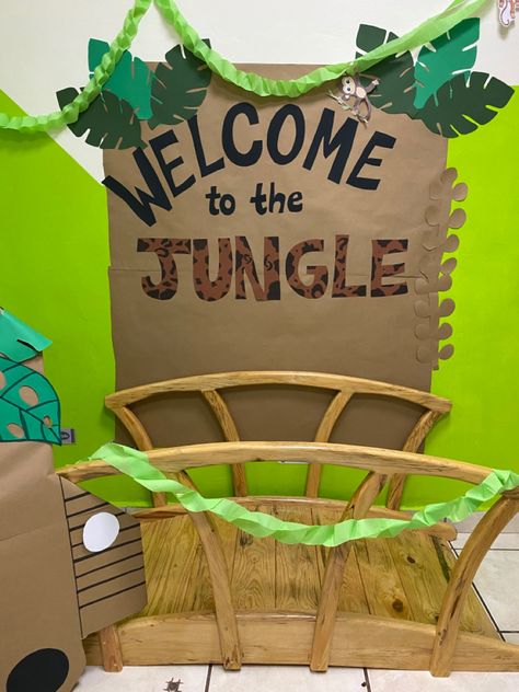 Jungle decoration classroom #teacherlife #jungletheme Jungle Theme Homecoming Float, Jungle Theme Hallway Decorations, Jungle Classroom Transformation, The Great Jungle Journey Vbs, Jungle Decorations Classroom, Welcome To The Jungle Theme, Jungle Theme Crafts, Jungle Classroom Theme, Jungle Classroom Decor