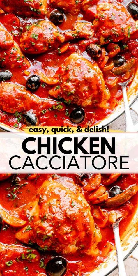 Delicious chicken cacciatore is a rustic Italian dish featuring tender chicken simmered in a rich tomato sauce with onions, peppers, mushrooms, and aromatic herbs, creating a hearty and flavorful meal. #chicken #italianrecipe #cacciatore Sausage Cacciatore Recipe, Chicken Catchatori Recipe, Chicken Catchatori, Chicken Cacciatore Easy, Easy Chicken Cacciatore, Diethood Recipes, Protein Dishes, Cacciatore Recipes, Chicken Cacciatore Recipe