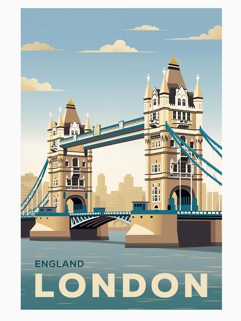 "Vintage Retro Travel Poster London Tower Bridge - England" Premium Scoop T-Shirt for Sale by artra-shop | Redbubble Vintage London Poster, London Retro Poster, London Poster Vintage, 16th Century Architecture, London Bridges, England Travel Poster, Uk Illustration, London Tower Bridge, Landmark Poster