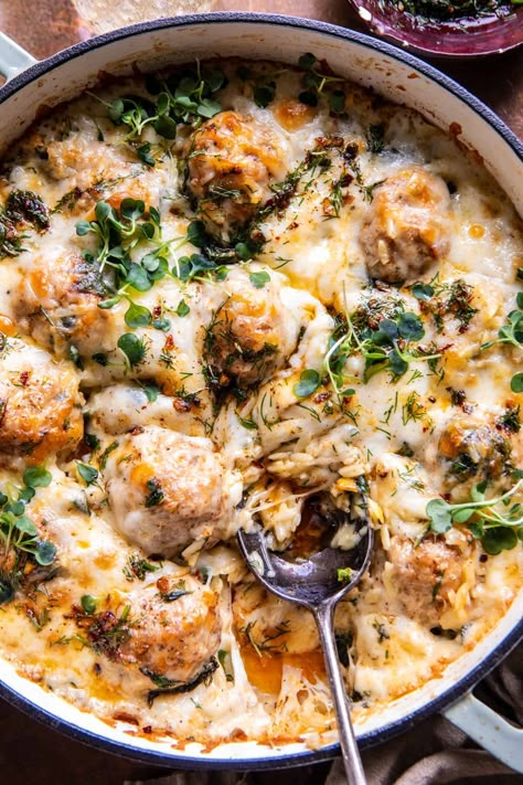 Baked Lemon Rosemary Chicken Meatballs and Creamy Orzo | halfbakedharvest.com Half Baked Harvest Marry Me Chicken Meatballs, Recipes Using Rosemary, Orzo Half Baked Harvest, Rosemary Chicken Meatballs, Baked Lemon Rosemary Chicken, Creamy Lemon Orzo, Lemon Orzo Chicken, Orzo Skillet, Creamy Orzo