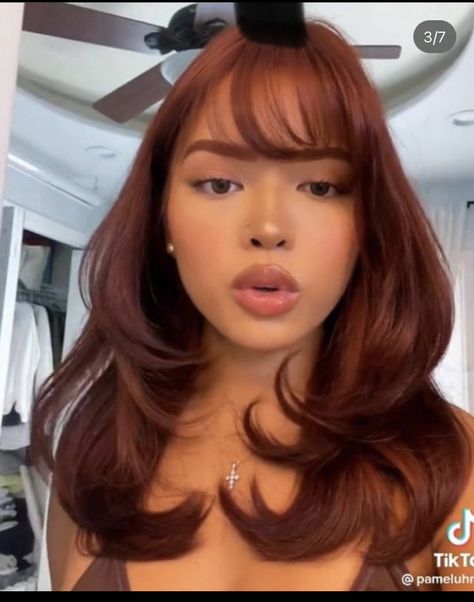 Breakup Makeover, Copper Bangs, Copper Hair With Bangs, Dark Orange Hair, Orange Brown Hair, Red Hair With Bangs, Copper Brown Hair, Sleek Short Hair, Cheveux Oranges