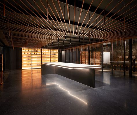 Edgar . Martell Tasting room . Cognac afasia Ivan Mathie (9) | a f a s i a Wine Shop Design, Bar Counters, Coffee With Alcohol, Luxury Bar, Wine House, Copper Chandelier, Wine Shop, Counter Design, Landscape And Urbanism