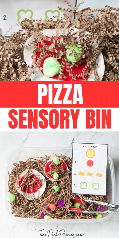 Text that says pizza sensory bin. Above and below are images of a sensory bin with felt pizzas, pompoms, printable pizza order cards, and shredded paper. Play Food Sensory Bin, Food Sensory Activities Preschool, Pizza Sensory Play, Sensory Bin Recipe Cards, Pizza Week Preschool, Sensory Food Activities, Pizza Sensory Bin, Pizza Crafts For Toddlers, Preschool Pizza Activities