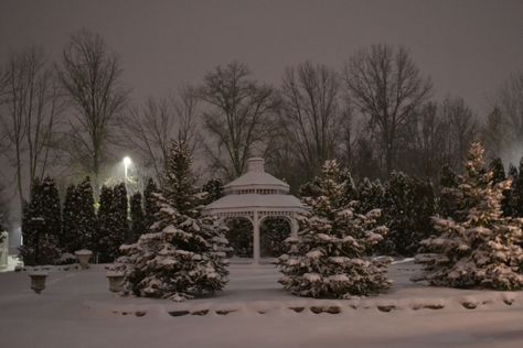 A night view from the Crystal Ballroom of the Wedding Gazebo in the Snow Gazebo At Night, Wedding Gazebo, Snowy Wedding, Summer Houses, Gazebo Wedding, Snow Flower, Night View, Summer House, Ballroom