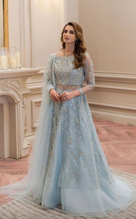 Ice Blue Gown, Net Gown Designs, Baju Kahwin, Party Wear Gowns, Desi Wedding Dresses, Latest Bridal Dresses, Pakistani Fancy Dresses, Pakistani Fashion Party Wear, Beautiful Pakistani Dresses