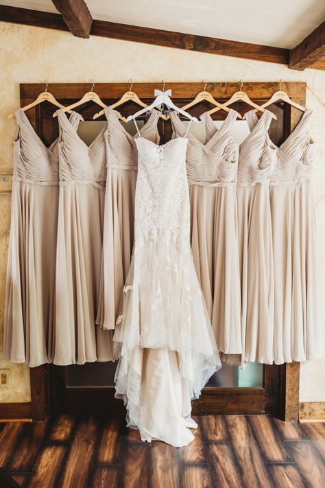 Bride And Bridesmaid Pictures Dresses, Wedding Dress And Bridesmaid Dress Photo, Bridal Party Dresses Hanging Photo, Wedding Day Dress Photos, Day Of Wedding Pictures Photo Ideas, Bridal Party Hanging Dress Pictures, Getting Ready Pictures Wedding Bridesmaid, Hanging Bridesmaid Dresses, Wedding Gown Hanging Photography