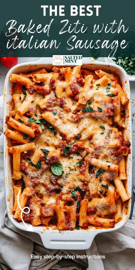 Enjoy an easy baked ziti with Italian sausage and three cheeses. A classic Italian-American favorite, perfect for comfort food ideas and family meals. Baked Ziti With Italian Sausage And Beef, One Pot Ziti With Sausage, Recipes With Spicy Italian Sausage, One Pot Pasta Recipes Sausage, Italian Sausage Ziti Bake, Italian Sausage Baked Ziti, Best Baked Ziti Recipe Italian Sausages, Casserole Pasta Recipes, Baked Penne With Italian Sausage