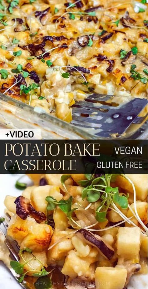 This creamy vegan potato bake recipe (also known as potato casserole or au gratin) with russet potatoes is easy to make because it doesn’t require slicing; it’s healthy gluten free and dairy free. Serve this vegan potato bake as a side dish or as a main dish: either way perfect for a large crowd. #veganpotatobake #potato #vegan #dairyfree #veganpotatorecipes #sidedish #thanksgiving Potato Reset Recipes, Gf Casserole, Vegan Potato Casserole, Potato Cleanse, Christmas Vegetarian, Vegan Thanksgiving Side Dishes, Vegetarian Casseroles, Vegan Casserole Recipes, Potato Bake Recipe