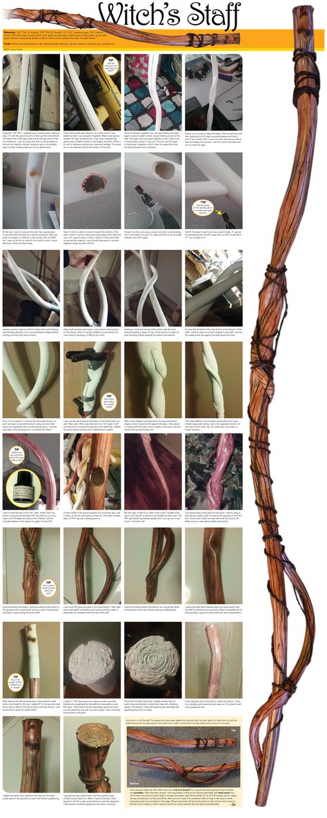 Witch or Wizard staff made from PVC pipe. Cosplay Staff Ideas, Witch’s Staff, Witch Broom Concept Art, Cosplay Staff Tutorial, Druid Staff Cosplay, Witches Staff Diy, How To Make A Wizard Staff, Ren Faire Staff, Diy Druid Staff