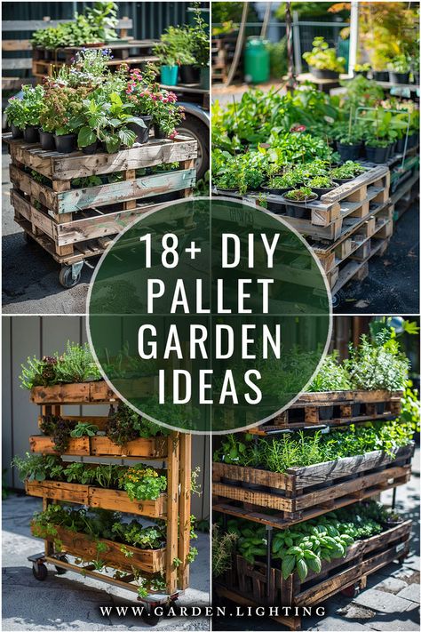 a collage of photos of a garden with wooden pallets and plants Pallet Veggie Garden Diy, Unique Raised Garden Beds Diy, Raised Gardens Out Of Pallets, Pallet Board Planters, Planting In Pallets, Using Pallets For Gardening, Pallet Trellis For Garden, Pallet Raised Garden Bed Diy, Wood Pallet Garden Ideas