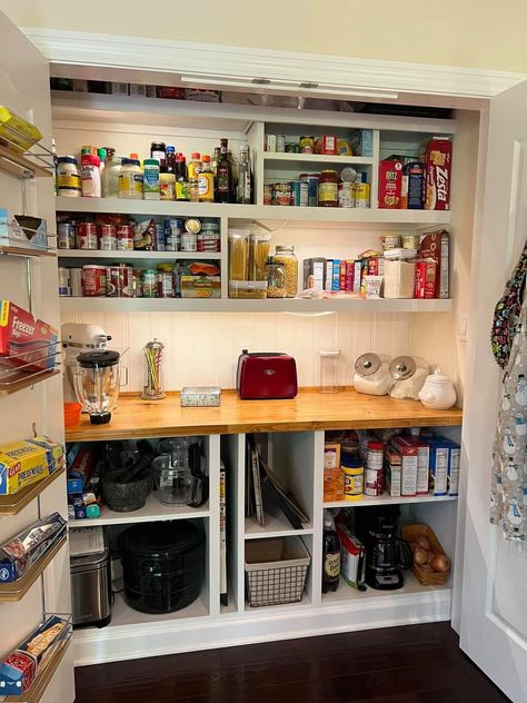 Turn Closer Into Pantry, Pantry In Hallway Closet, Pantry Closet With Counter, Reach In Pantry With Countertop, Bifold Pantry Makeover, Shallow Pantry Organization, Built In Cabinet Pantry, Built In Wall Pantry, Shallow Kitchen Pantry